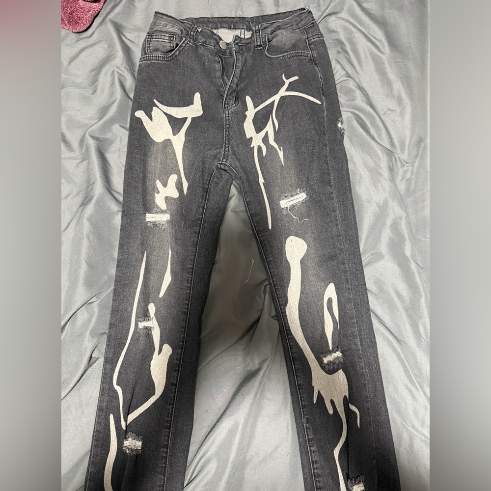 Gray Jeans with White Abstract Design